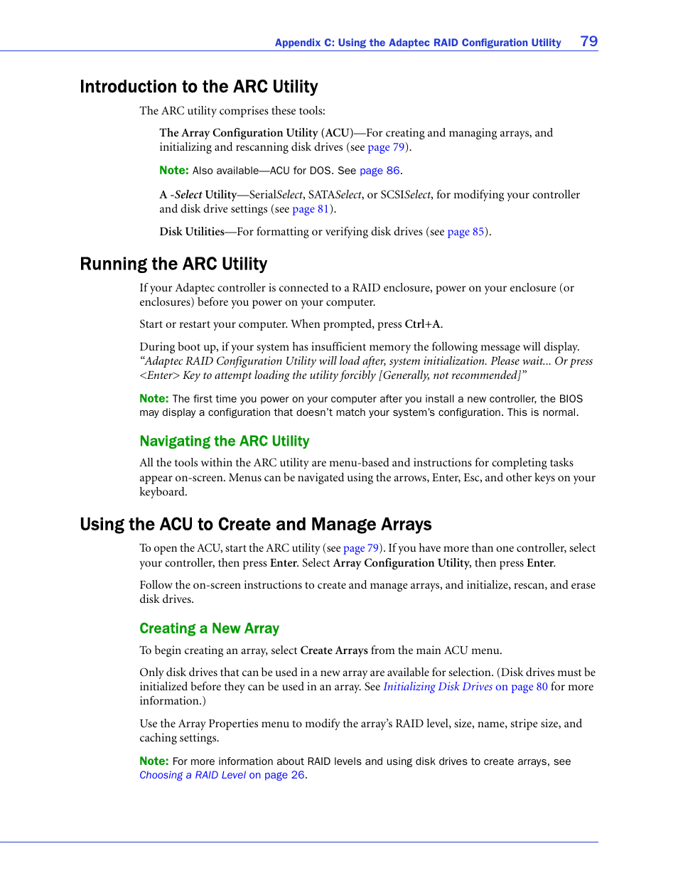 Introduction to the arc utility, Running the arc utility, Navigating the arc utility | Using the acu to create and manage arrays, Creating a new array | Adaptec SAS/SATA/SCSI RAID Controllers User Manual | Page 79 / 112