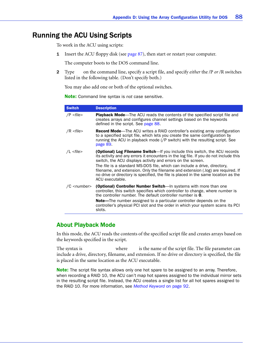 Running the acu using scripts, About playback mode, Pts (see | Adaptec SAS/SATA/SCSI RAID Controllers User Manual | Page 88 / 112