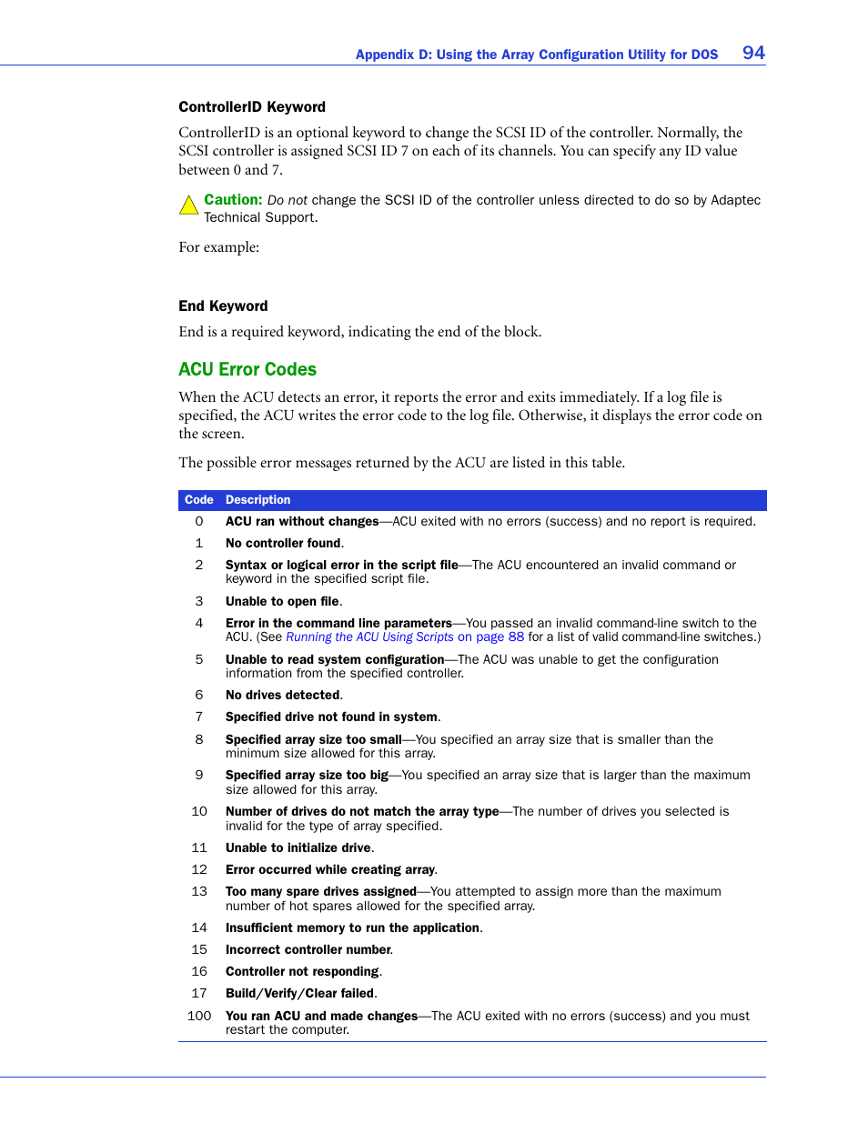 Controllerid keyword, End keyword, Acu error codes | Des (see | Adaptec SAS/SATA/SCSI RAID Controllers User Manual | Page 94 / 112