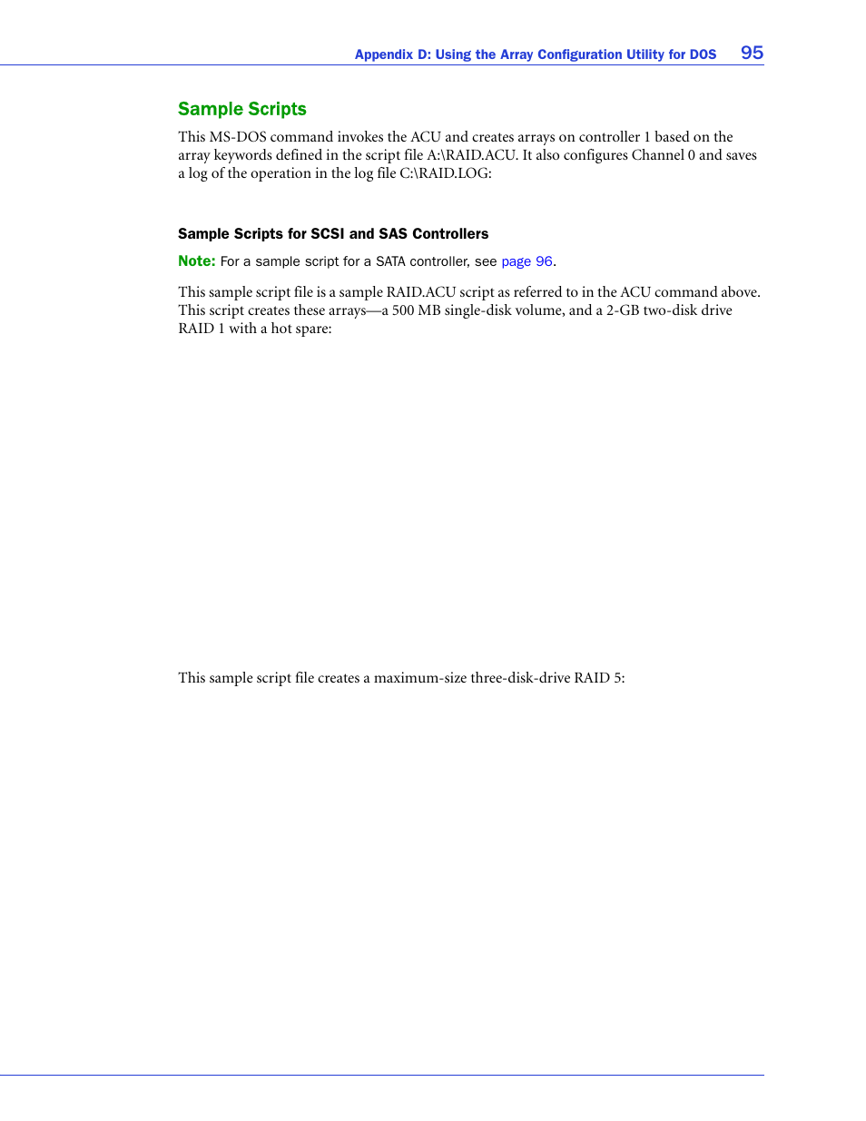 Sample scripts, Sample scripts for scsi and sas controllers, Mments, see | 95 sample scripts | Adaptec SAS/SATA/SCSI RAID Controllers User Manual | Page 95 / 112