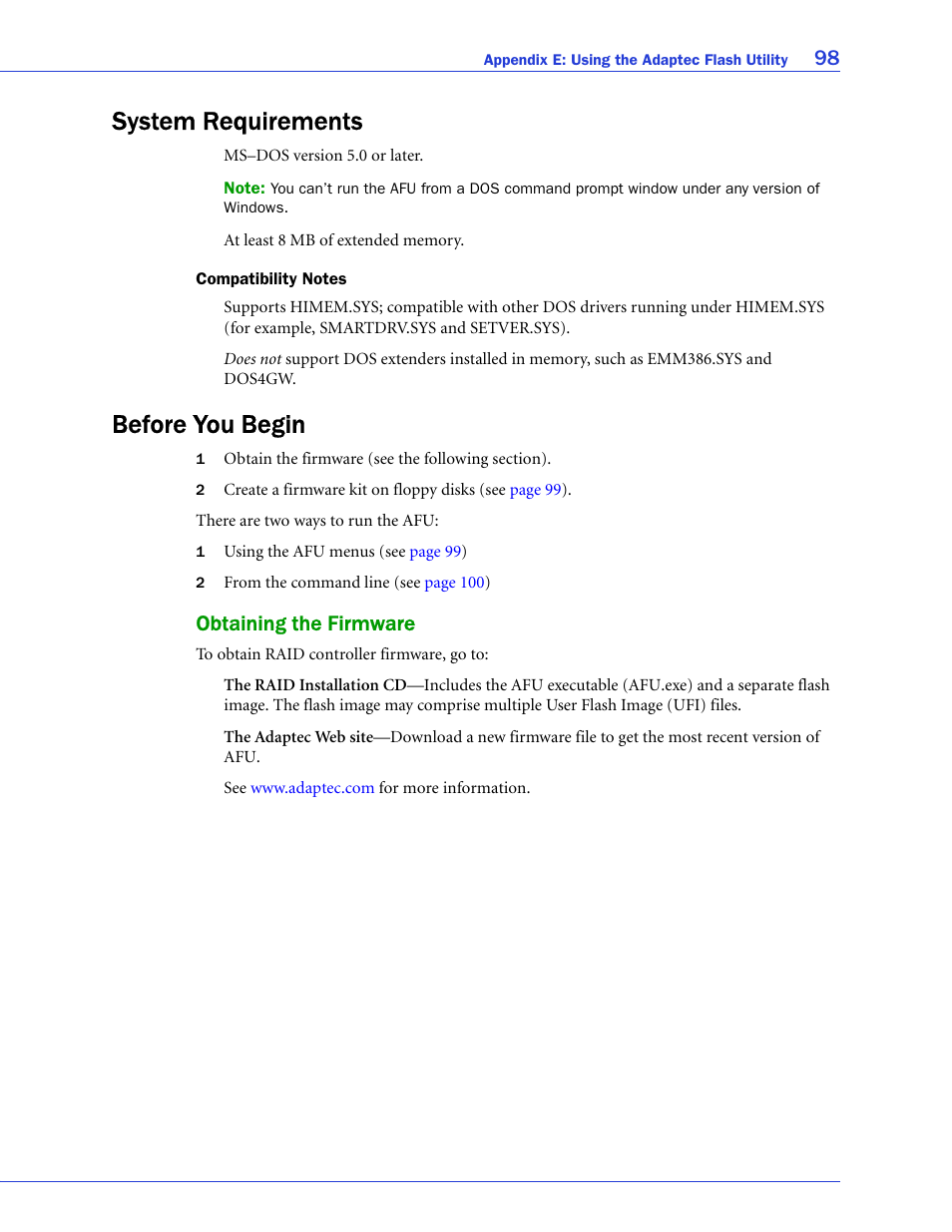 System requirements, Compatibility notes, Before you begin | Obtaining the firmware, System requirements before you begin | Adaptec SAS/SATA/SCSI RAID Controllers User Manual | Page 98 / 112