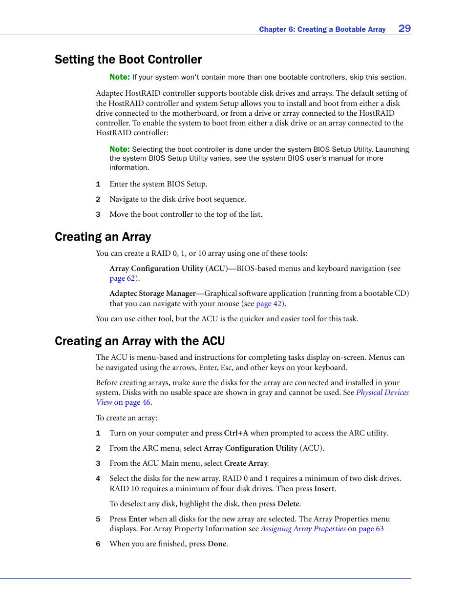 Setting the boot controller, Creating an array, Creating an array with the acu | Adaptec 58300 User Manual | Page 29 / 88