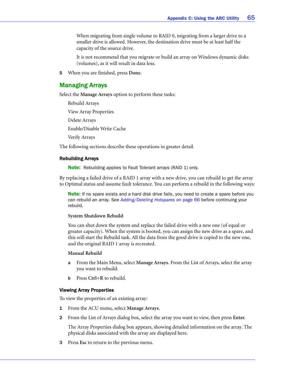 Managing arrays | Adaptec 58300 User Manual | Page 65 / 88