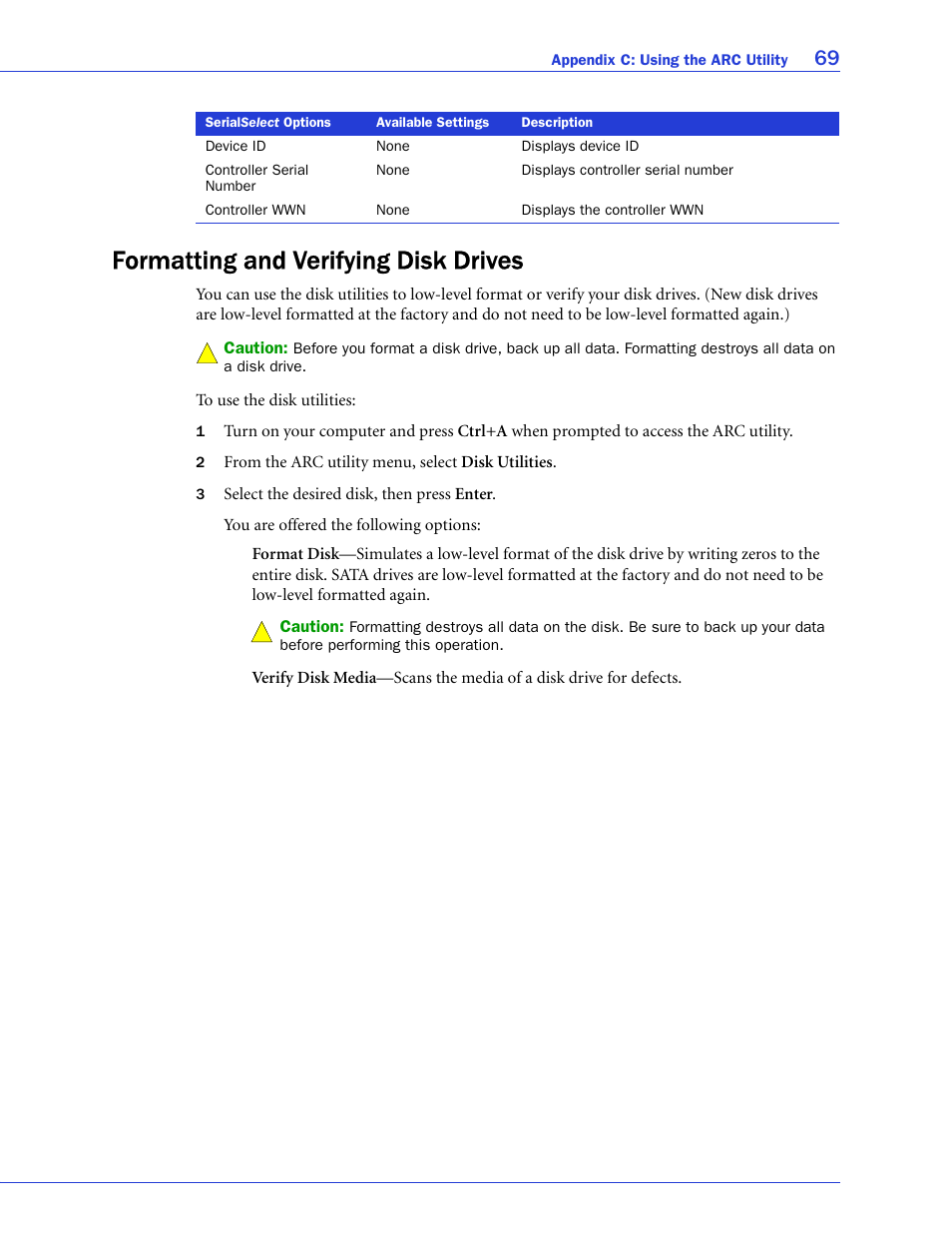 Formatting and verifying disk drives, Ilities (see, Disk dr | Adaptec 58300 User Manual | Page 69 / 88