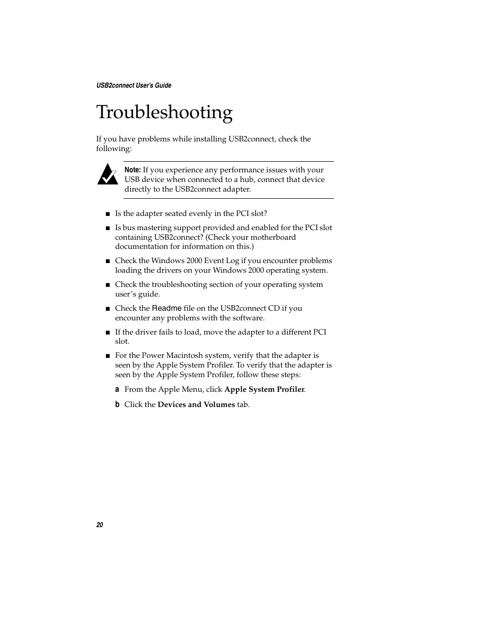 Troubleshooting | Adaptec USB2connect Host Bus Adapter User Manual | Page 25 / 27