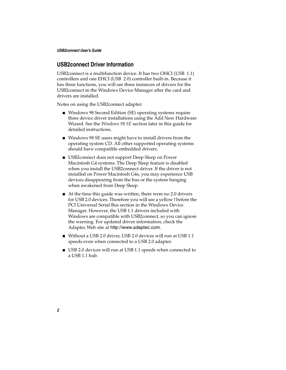 Usb2connect driver information | Adaptec USB2connect Host Bus Adapter User Manual | Page 7 / 27