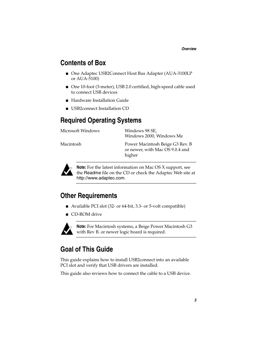 Contents of box, Required operating systems, Other requirements | Goal of this guide | Adaptec USB2connect Host Bus Adapter User Manual | Page 8 / 27