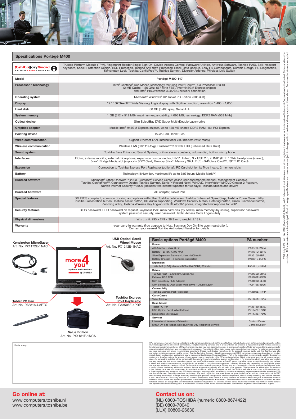 Go online at, Contact us on, Basic options portégé m400 pa number | Specifications portégé m400 | Toshiba M400 User Manual | Page 2 / 2