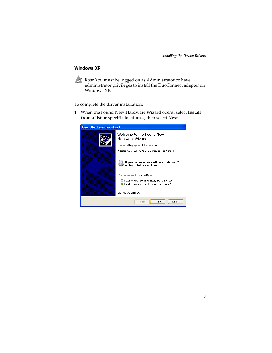 Windows xp | Adaptec DuoConnect AUA-3020 User Manual | Page 15 / 43