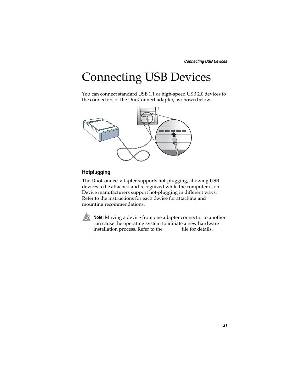 Hotplugging, Connecting usb devices | Adaptec DuoConnect AUA-3020 User Manual | Page 39 / 43
