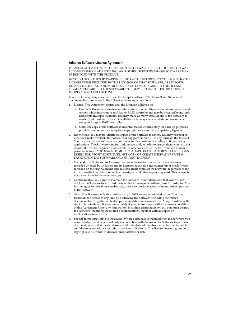 Iv adaptec software license agreement | Adaptec DuoConnect AUA-3020 User Manual | Page 5 / 43