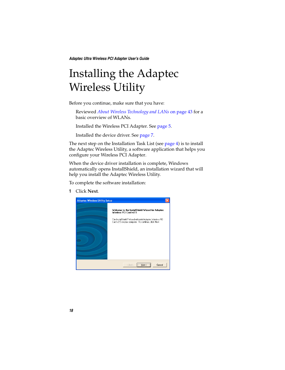 Installing the adaptec wireless utility, Installing the adaptec, To continu | Go to, To cont | Adaptec WirelessTM User Manual | Page 25 / 58