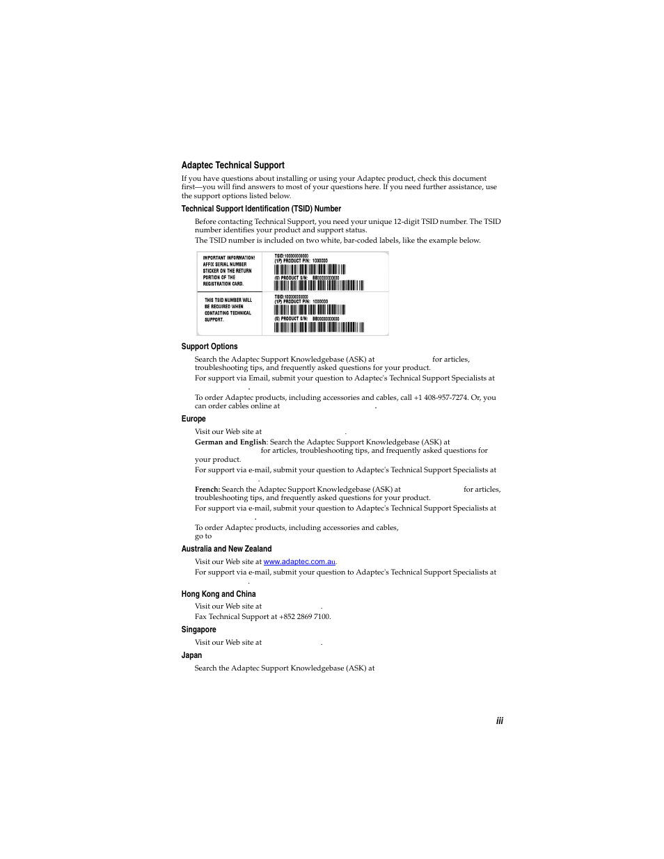 Iii adaptec technical support | Adaptec WirelessTM User Manual | Page 3 / 58