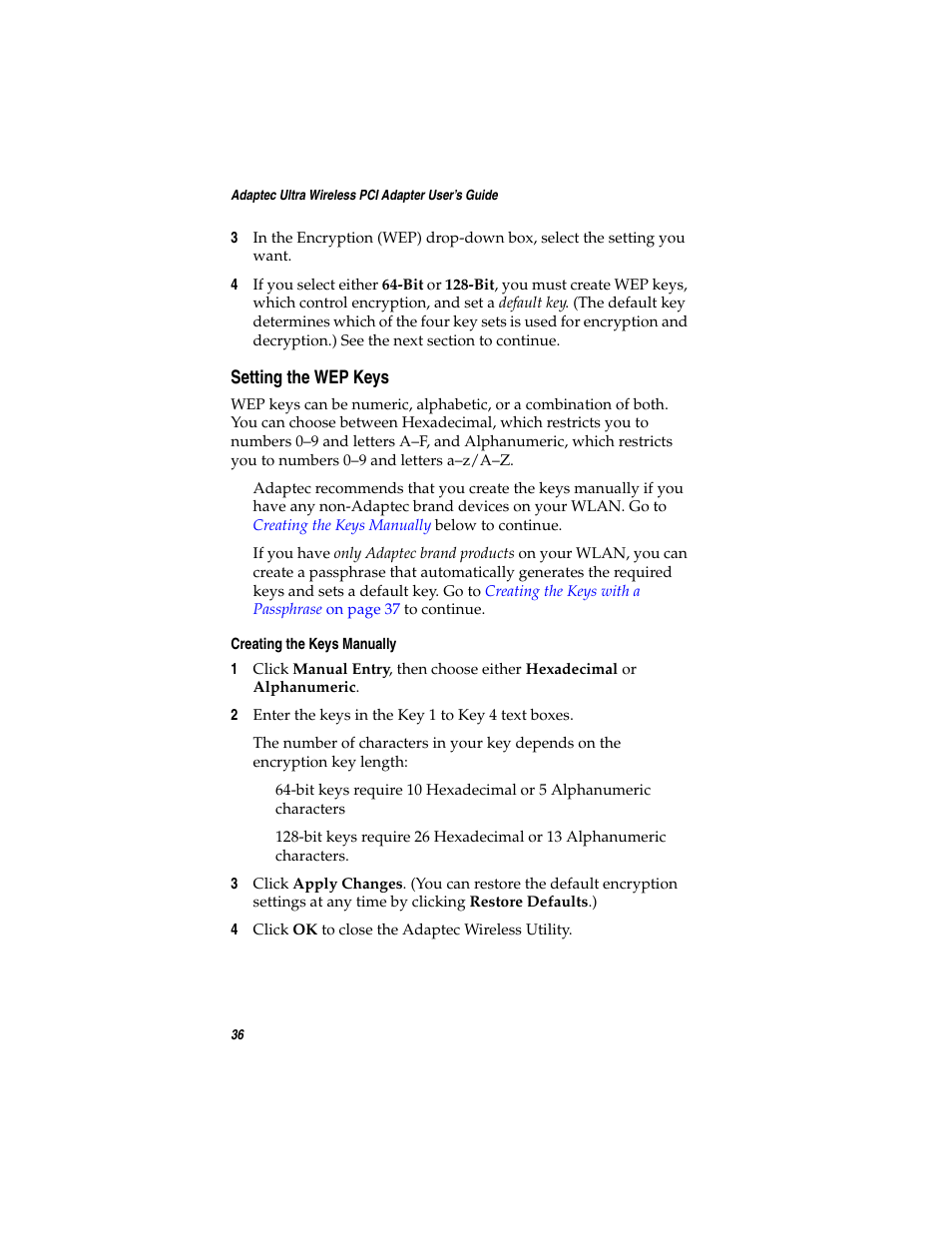 Setting the wep keys | Adaptec WirelessTM User Manual | Page 43 / 58