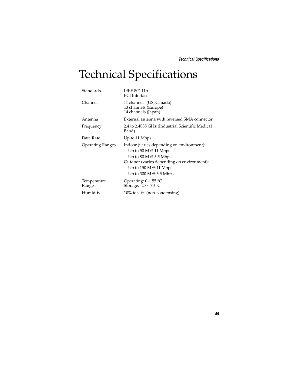 Technical specifications | Adaptec WirelessTM User Manual | Page 52 / 58