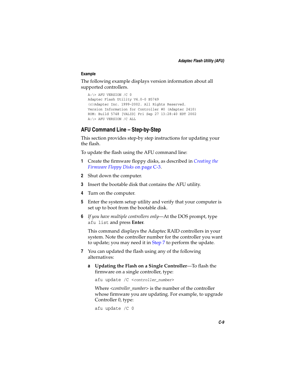 Afu command line – step-by-step, Afu command line – step-by-step c-9 | Adaptec SATA AND SCSI RAID CONTROLLERS User Manual | Page 102 / 165