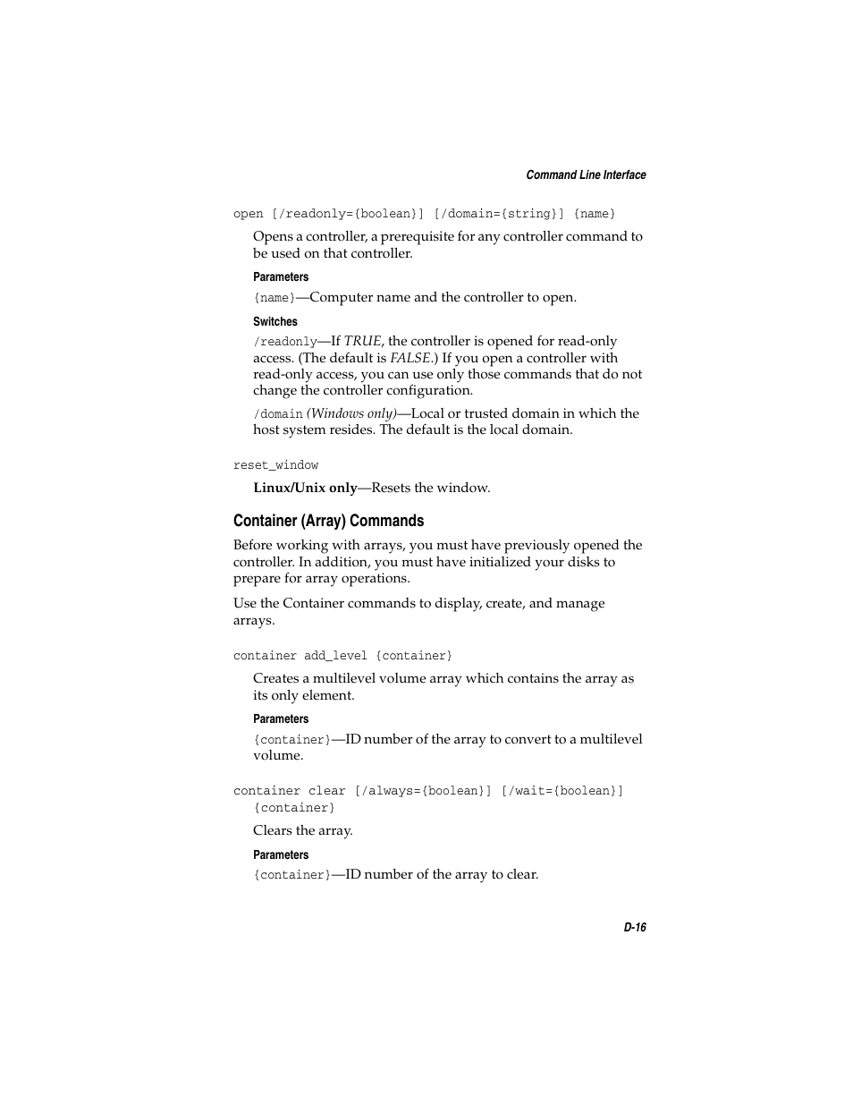 Container (array) commands, Container (array) commands d-16, D-16 | Adaptec SATA AND SCSI RAID CONTROLLERS User Manual | Page 119 / 165