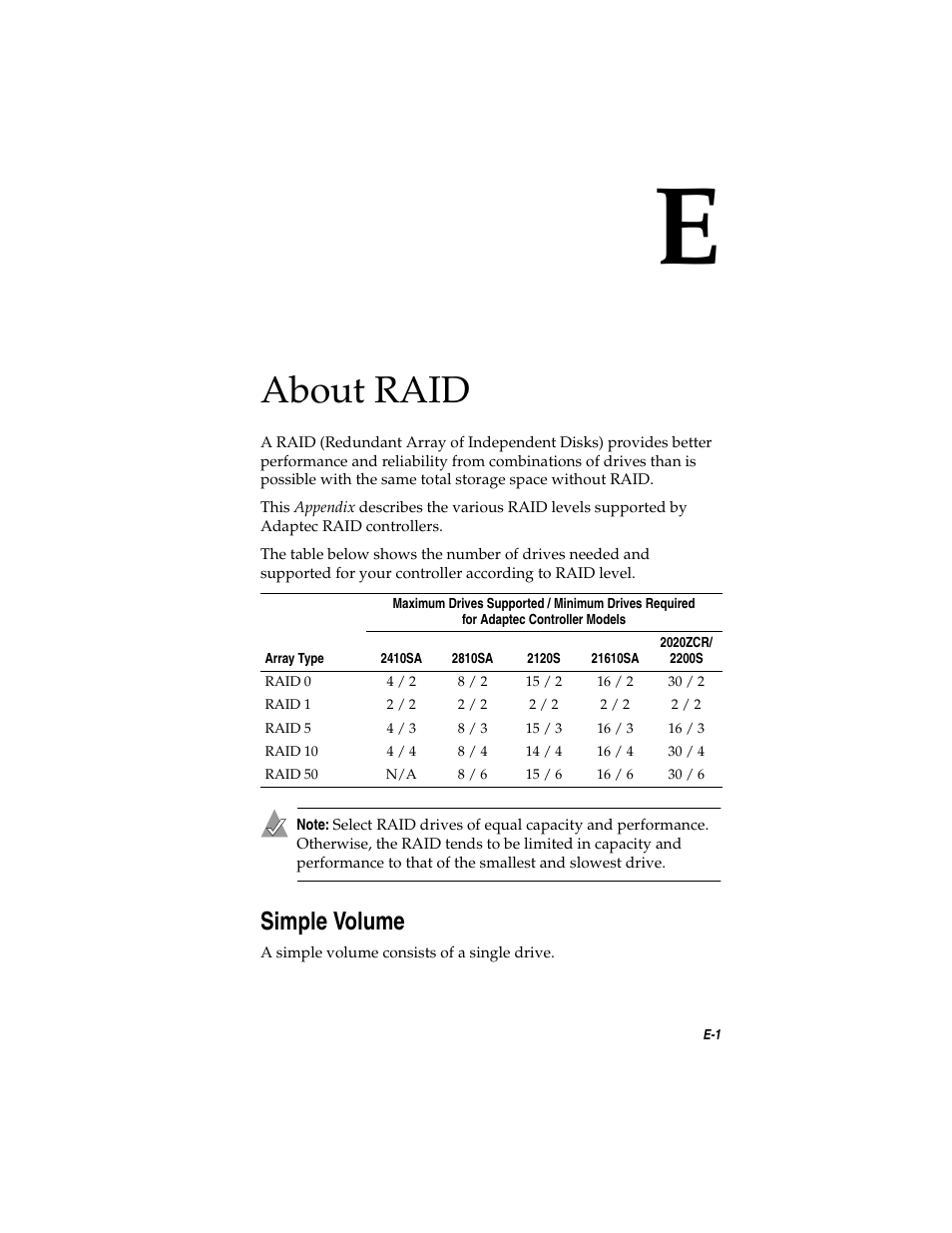 About raid, Simple volume, Simple volume e-1 | Appendix e, Appendix e, about raid | Adaptec SATA AND SCSI RAID CONTROLLERS User Manual | Page 142 / 165