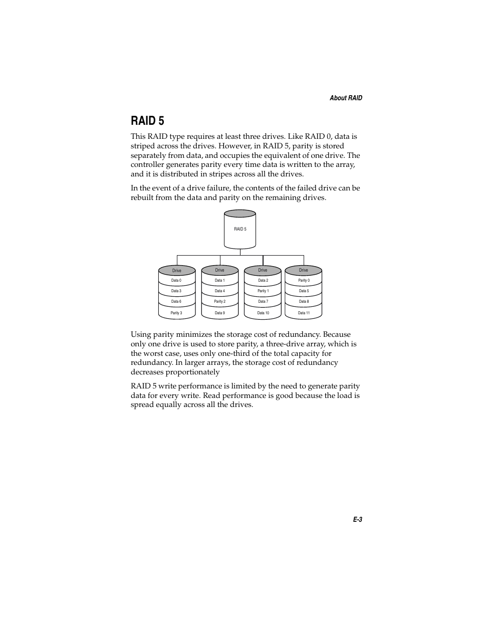 Raid5, Raid 5 e-3, Raid 5 | E-3 about raid | Adaptec SATA AND SCSI RAID CONTROLLERS User Manual | Page 144 / 165