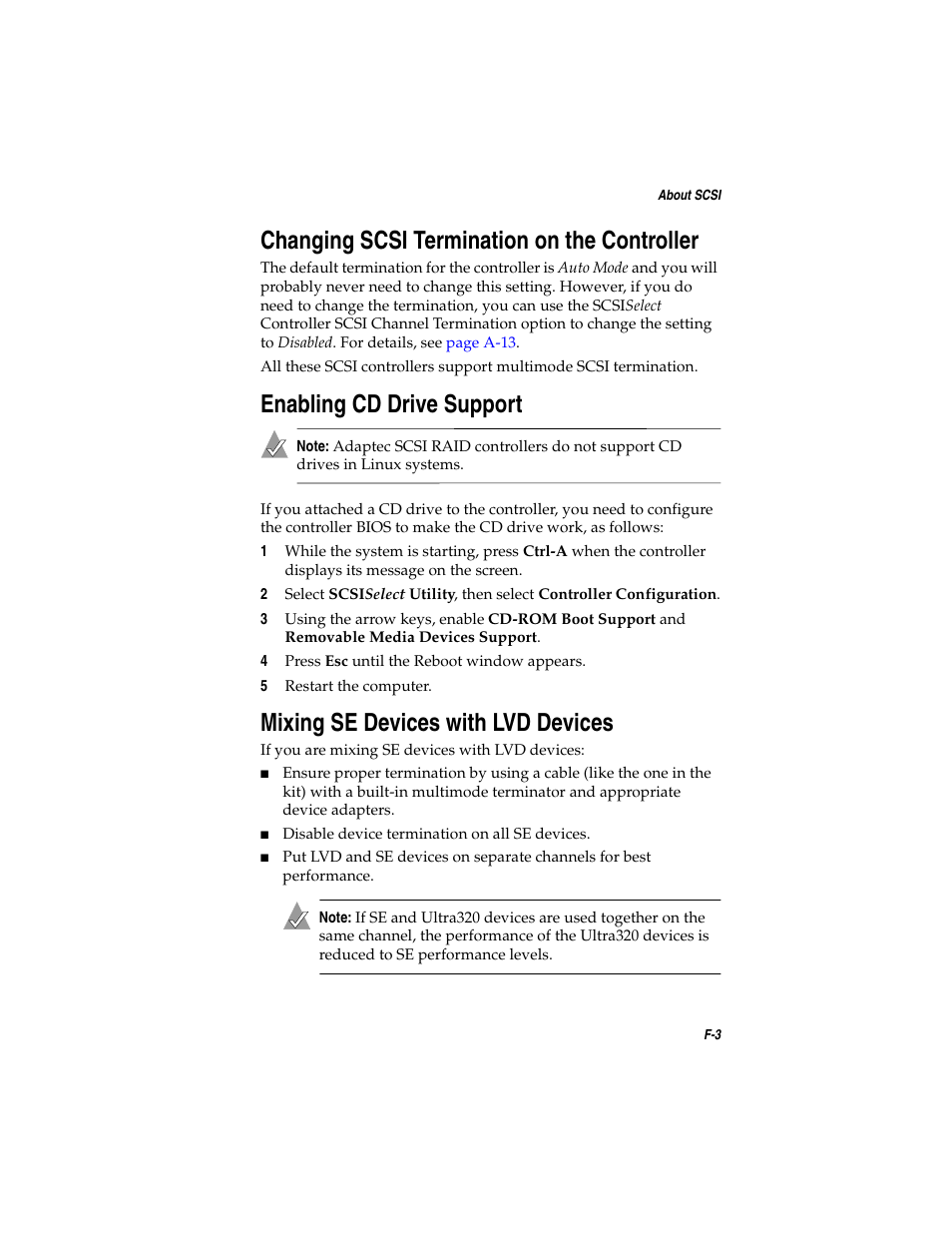 Changing scsi termination on the controller, Enabling cd drive support, Mixing se devices with lvd devices | Adaptec SATA AND SCSI RAID CONTROLLERS User Manual | Page 149 / 165