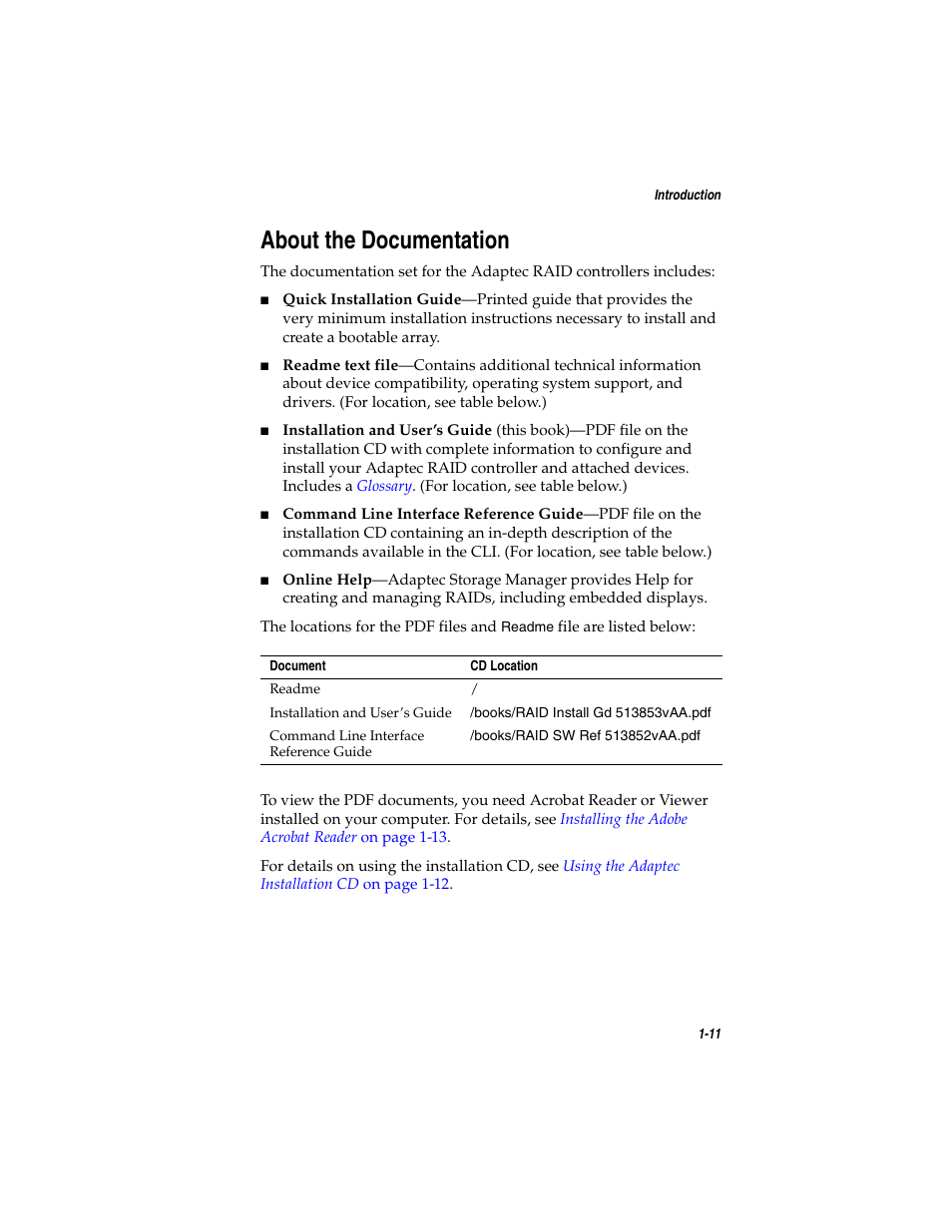 About the documentation, About the documentation 1-11 | Adaptec SATA AND SCSI RAID CONTROLLERS User Manual | Page 24 / 165