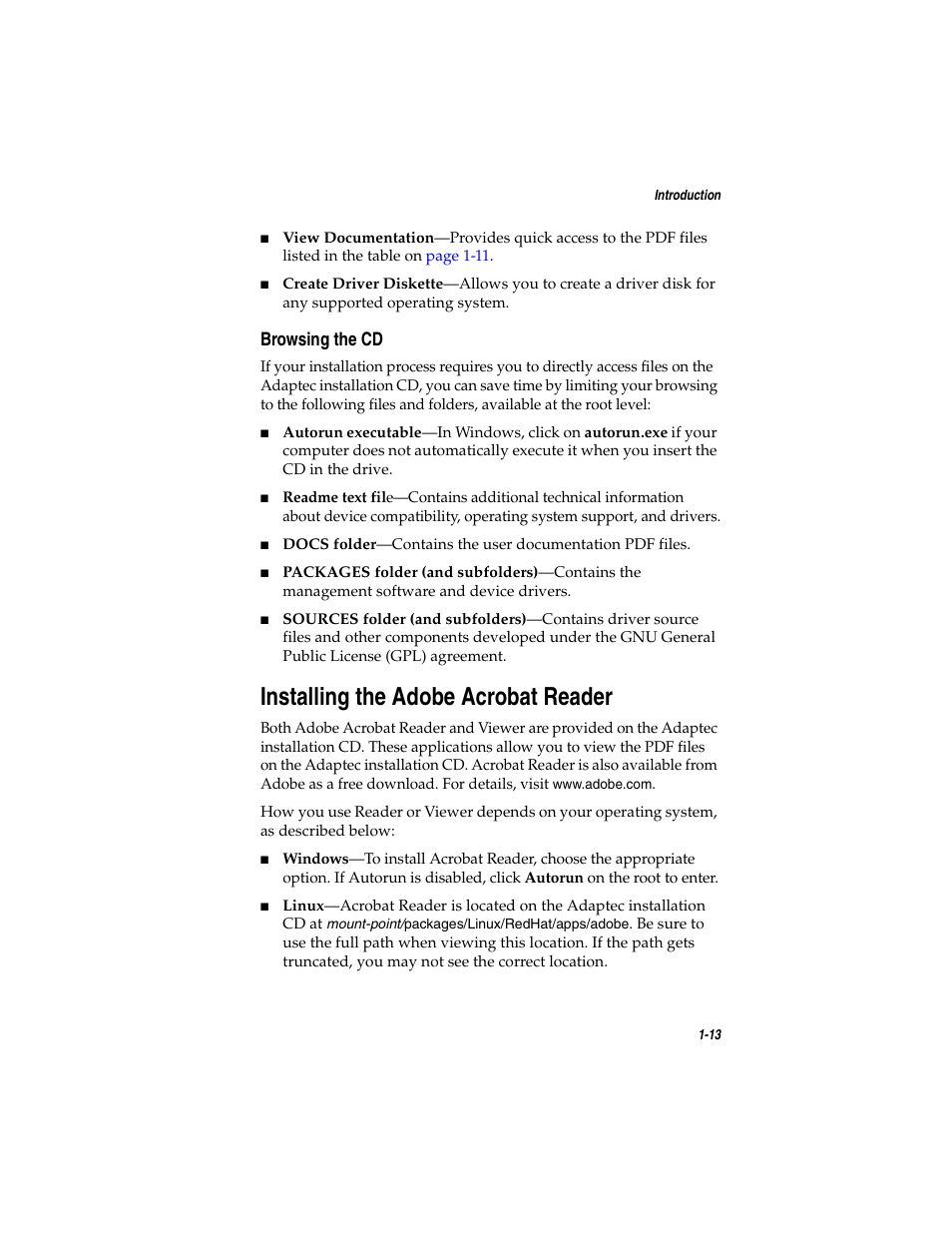 Browsing the cd, Installing the adobe acrobat reader, Browsing the cd 1-13 | Installing the adobe acrobat reader 1-13, Installing the adobe | Adaptec SATA AND SCSI RAID CONTROLLERS User Manual | Page 26 / 165