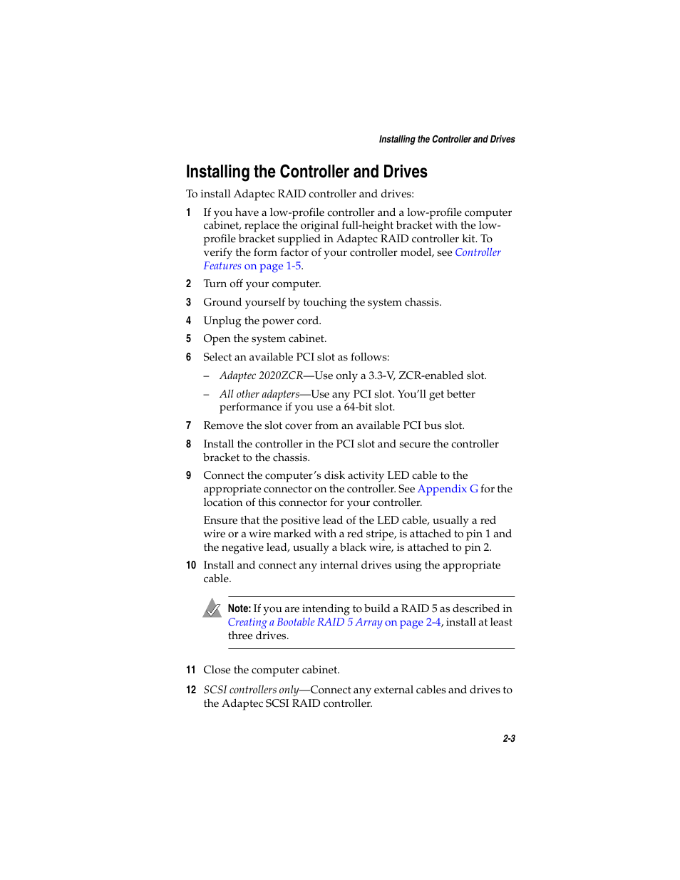 Installing the controller and drives, Installing the controller and drives 2-3 | Adaptec SATA AND SCSI RAID CONTROLLERS User Manual | Page 31 / 165