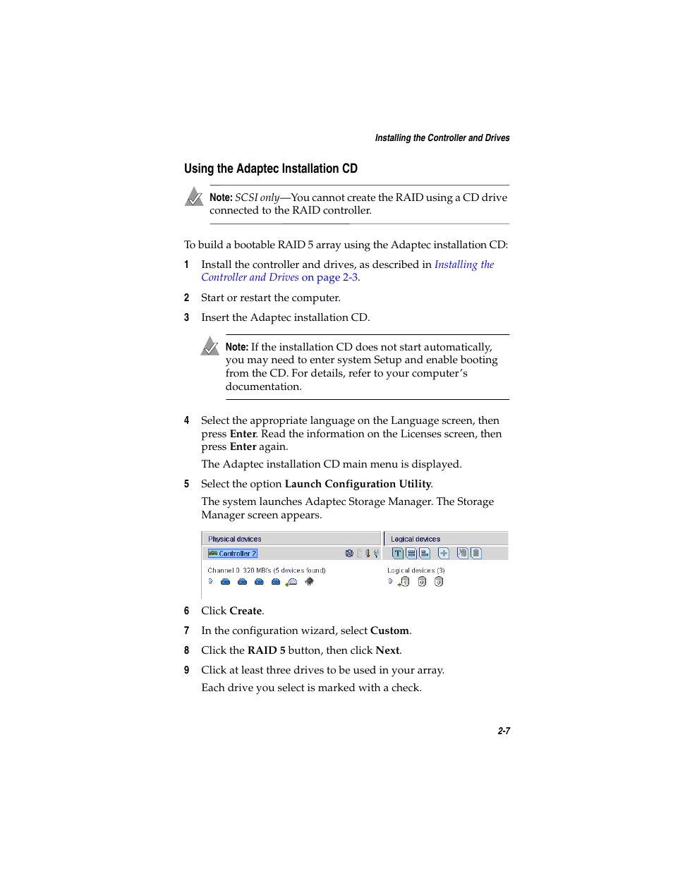Using the adaptec installation cd, Using the adaptec installation cd 2-7 | Adaptec SATA AND SCSI RAID CONTROLLERS User Manual | Page 35 / 165