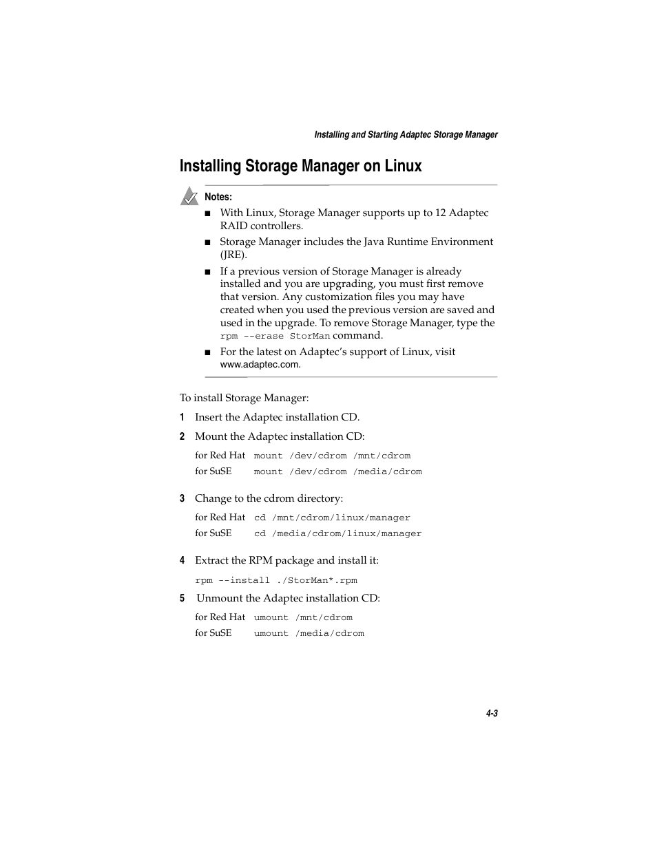 Installing storage manager on linux, Installing storage manager on linux 4-3 | Adaptec SATA AND SCSI RAID CONTROLLERS User Manual | Page 52 / 165