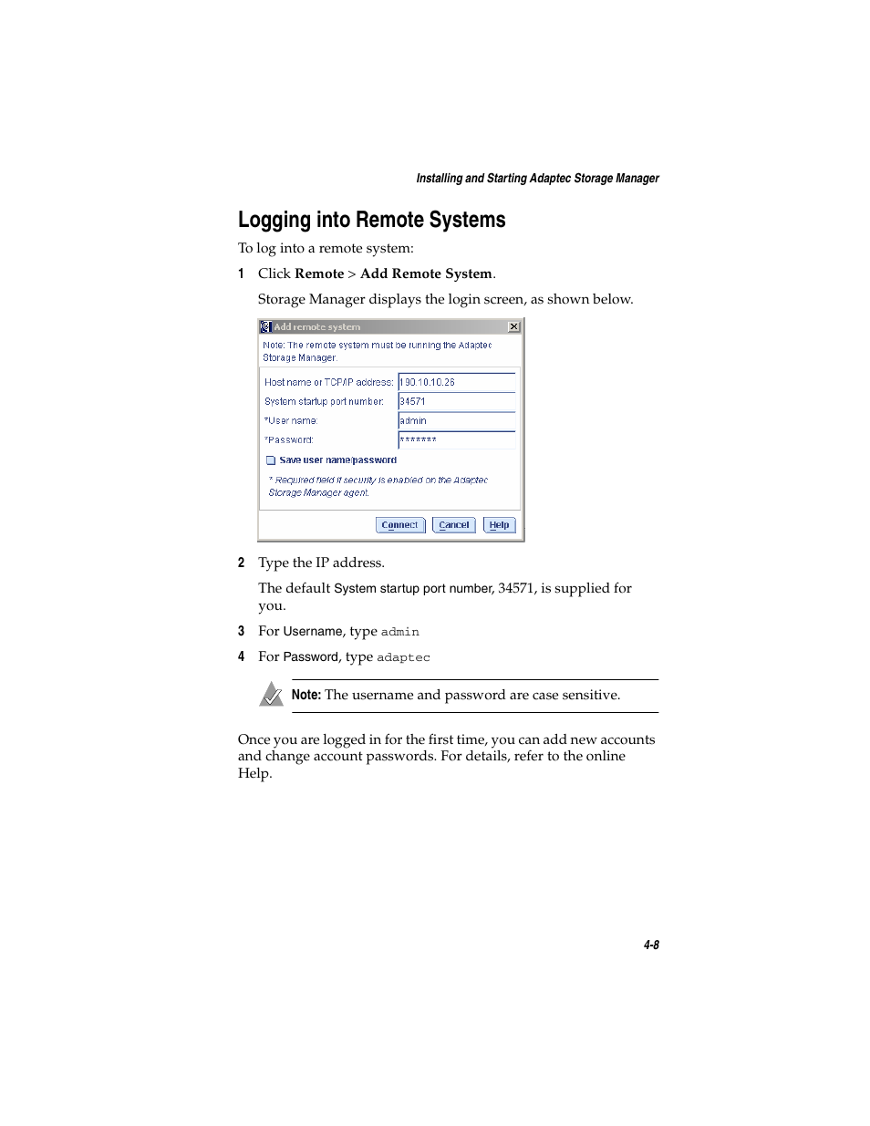Logging into remote systems, Logging into remote systems 4-8 | Adaptec SATA AND SCSI RAID CONTROLLERS User Manual | Page 57 / 165