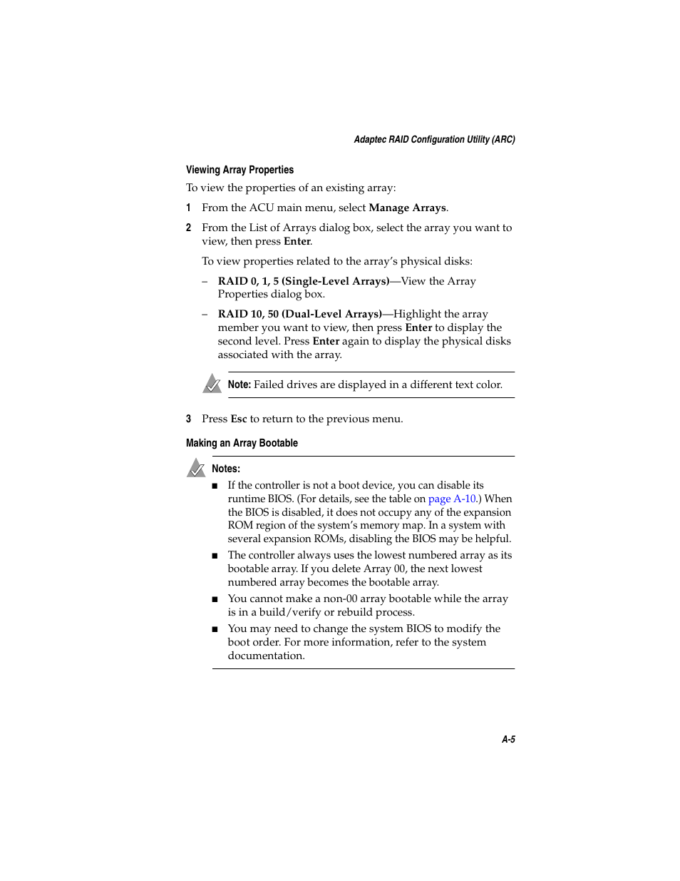 Viewing array properties, Making an array bootable | Adaptec SATA AND SCSI RAID CONTROLLERS User Manual | Page 67 / 165