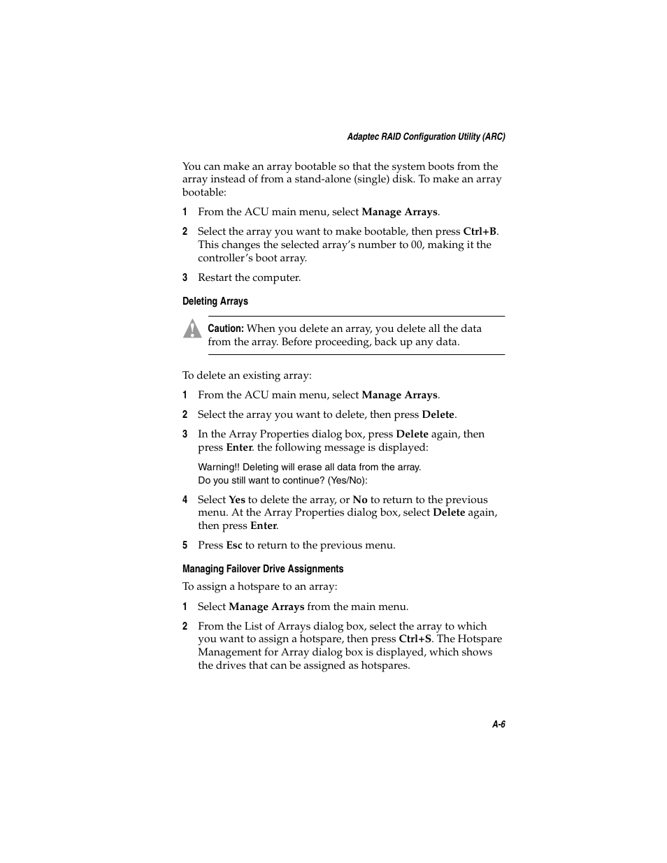 Deleting arrays, Managing failover drive assignments | Adaptec SATA AND SCSI RAID CONTROLLERS User Manual | Page 68 / 165