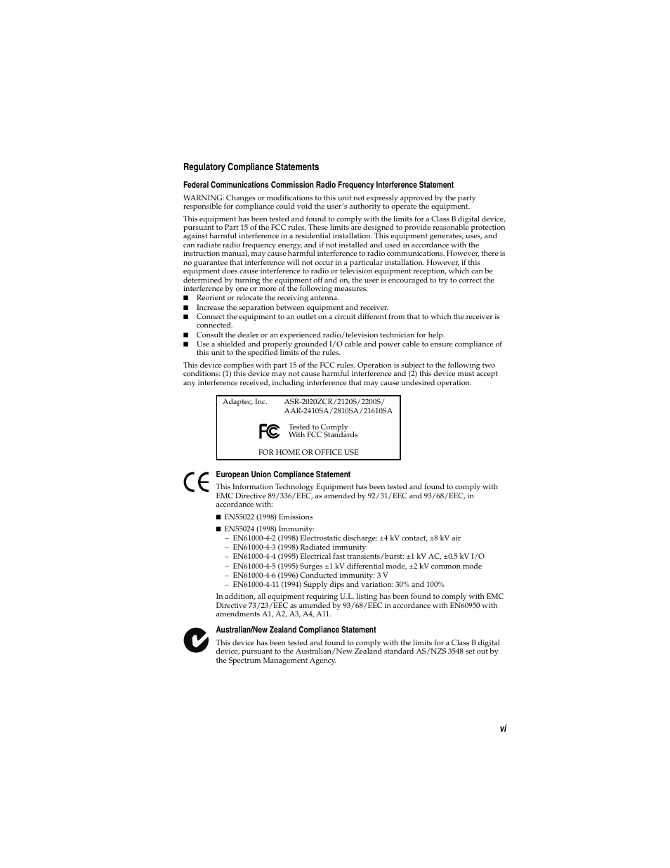 Vi regulatory compliance statements | Adaptec SATA AND SCSI RAID CONTROLLERS User Manual | Page 7 / 165