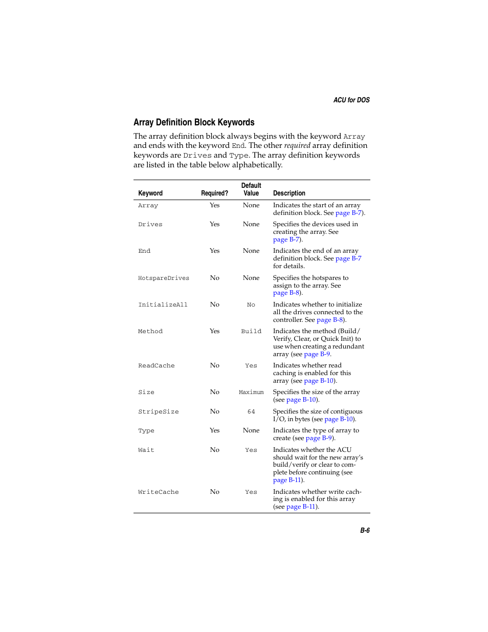 Array definition block keywords, Array definition block keywords b-6 | Adaptec SATA AND SCSI RAID CONTROLLERS User Manual | Page 84 / 165
