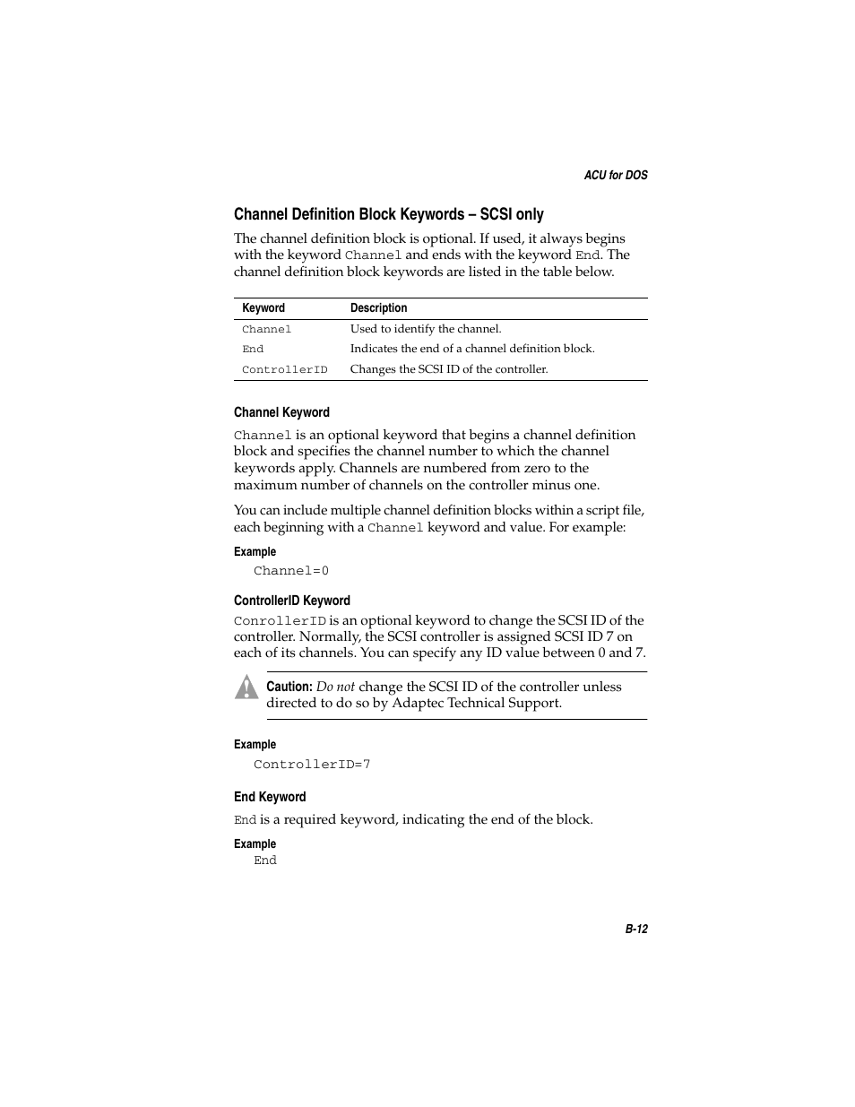 Channel definition block keywords – scsi only, Channel definition block keywords – scsi only b-12 | Adaptec SATA AND SCSI RAID CONTROLLERS User Manual | Page 90 / 165