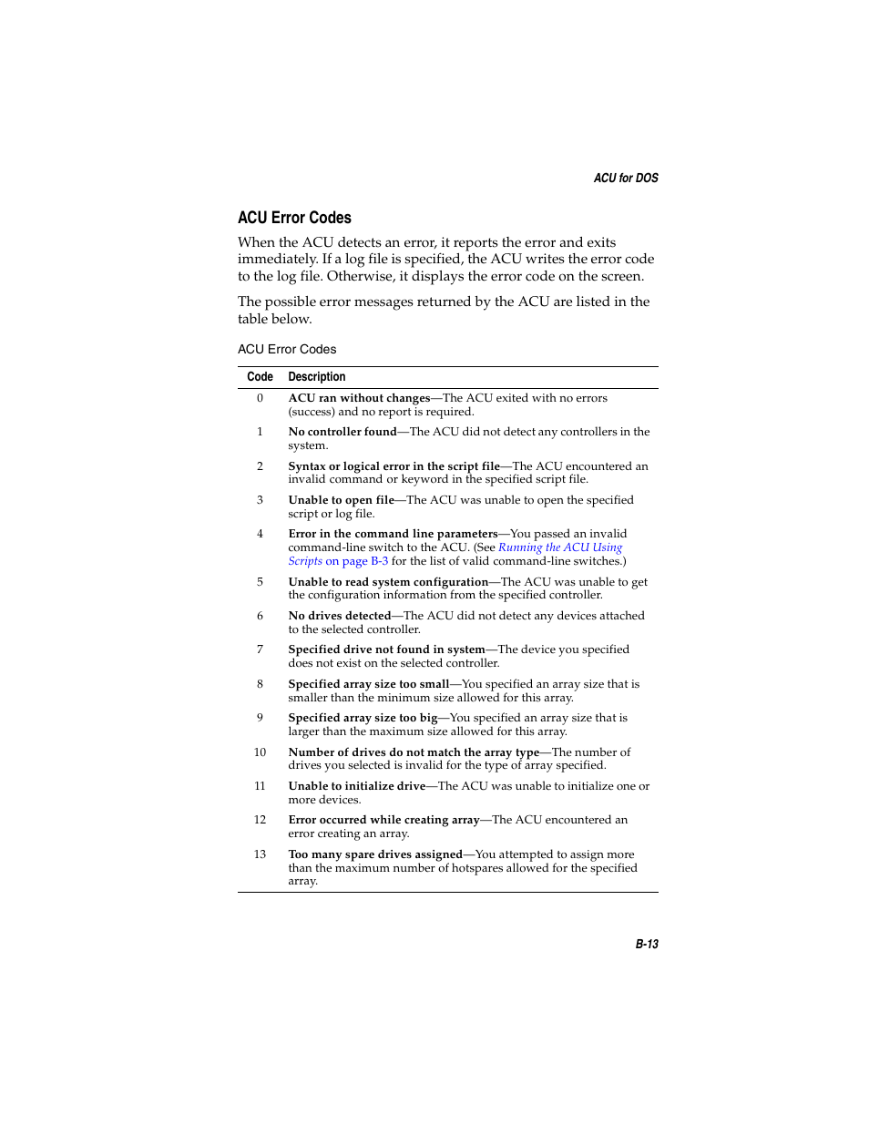 Acu error codes, Acu error codes b-13 | Adaptec SATA AND SCSI RAID CONTROLLERS User Manual | Page 91 / 165
