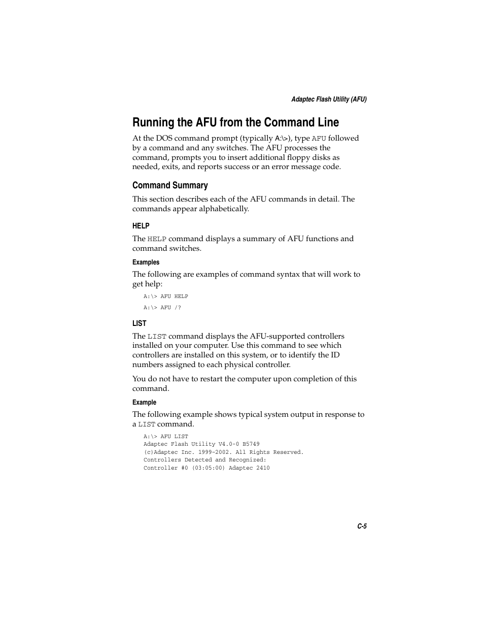 Running the afu from the command line, Command summary, Running the afu from the command line c-5 | Command summary c-5 | Adaptec SATA AND SCSI RAID CONTROLLERS User Manual | Page 98 / 165