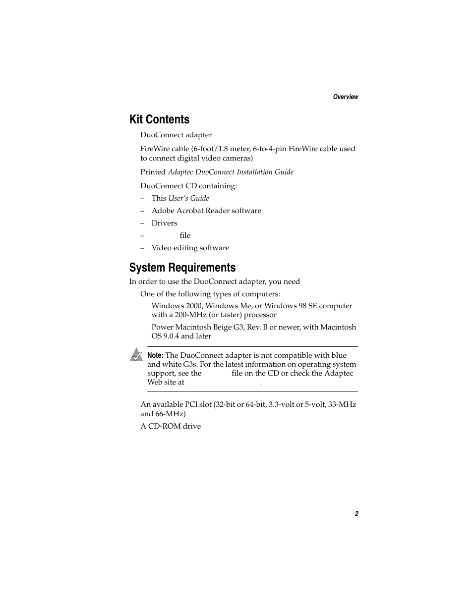 Kit contents, System requirements | Adaptec DuoConnect Adapter AUA-3121 User Manual | Page 11 / 42
