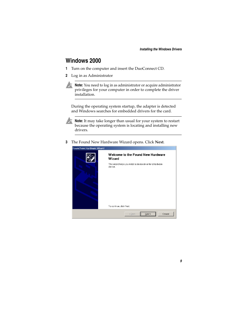 Windows2000, Windows 2000 | Adaptec DuoConnect Adapter AUA-3121 User Manual | Page 18 / 42