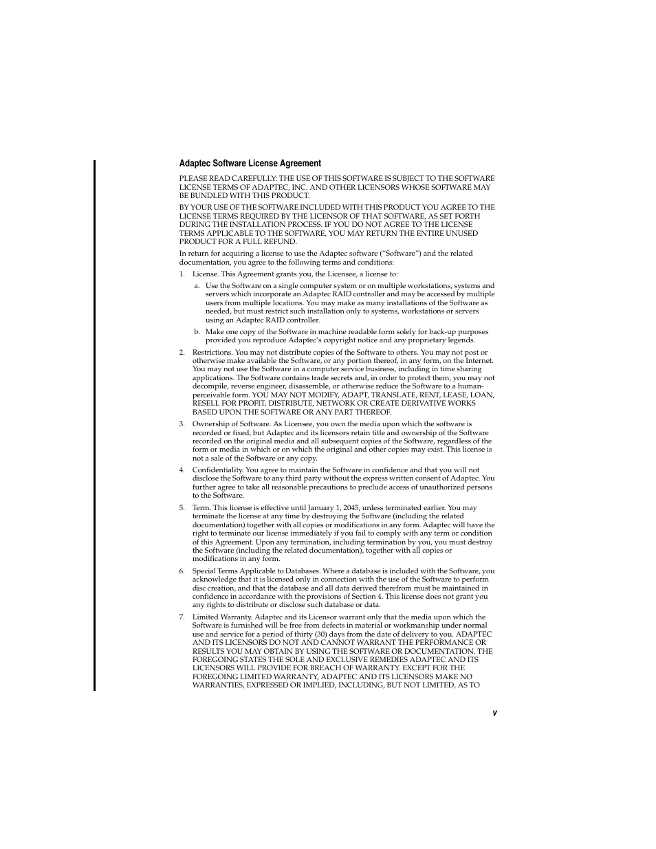 Vadaptec software license agreement | Adaptec DuoConnect Adapter AUA-3121 User Manual | Page 6 / 42