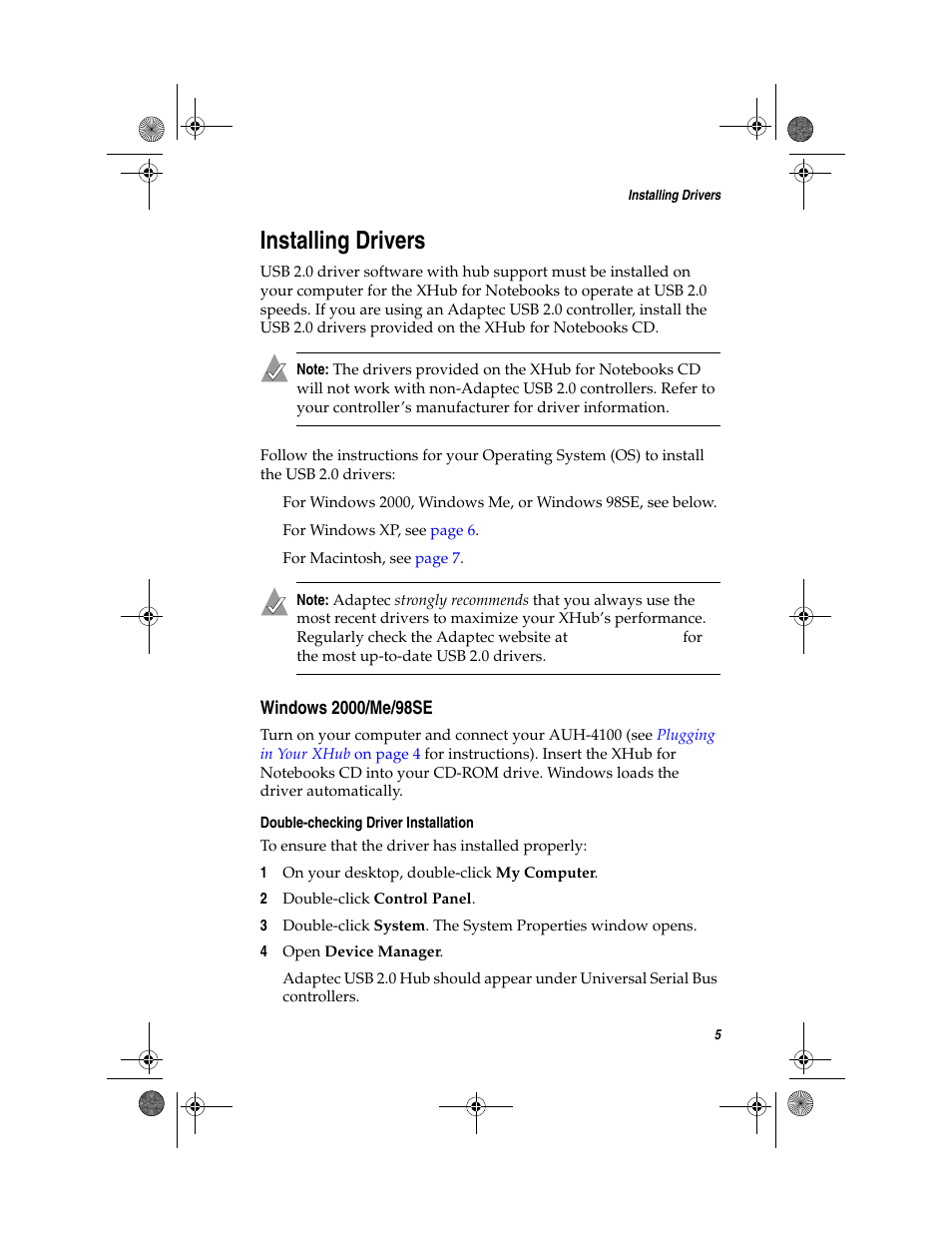 Installing drivers, Windows 2000/me/98se, Double-checking driver installation | Adaptec FireConnect For Notebooks User Manual | Page 14 / 22