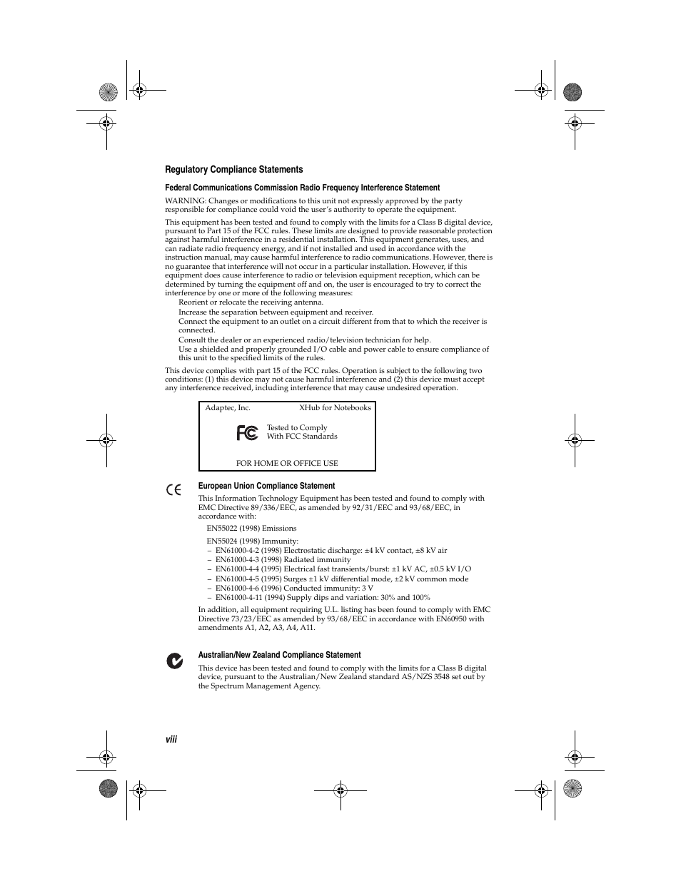 Viii regulatory compliance statements | Adaptec FireConnect For Notebooks User Manual | Page 8 / 22