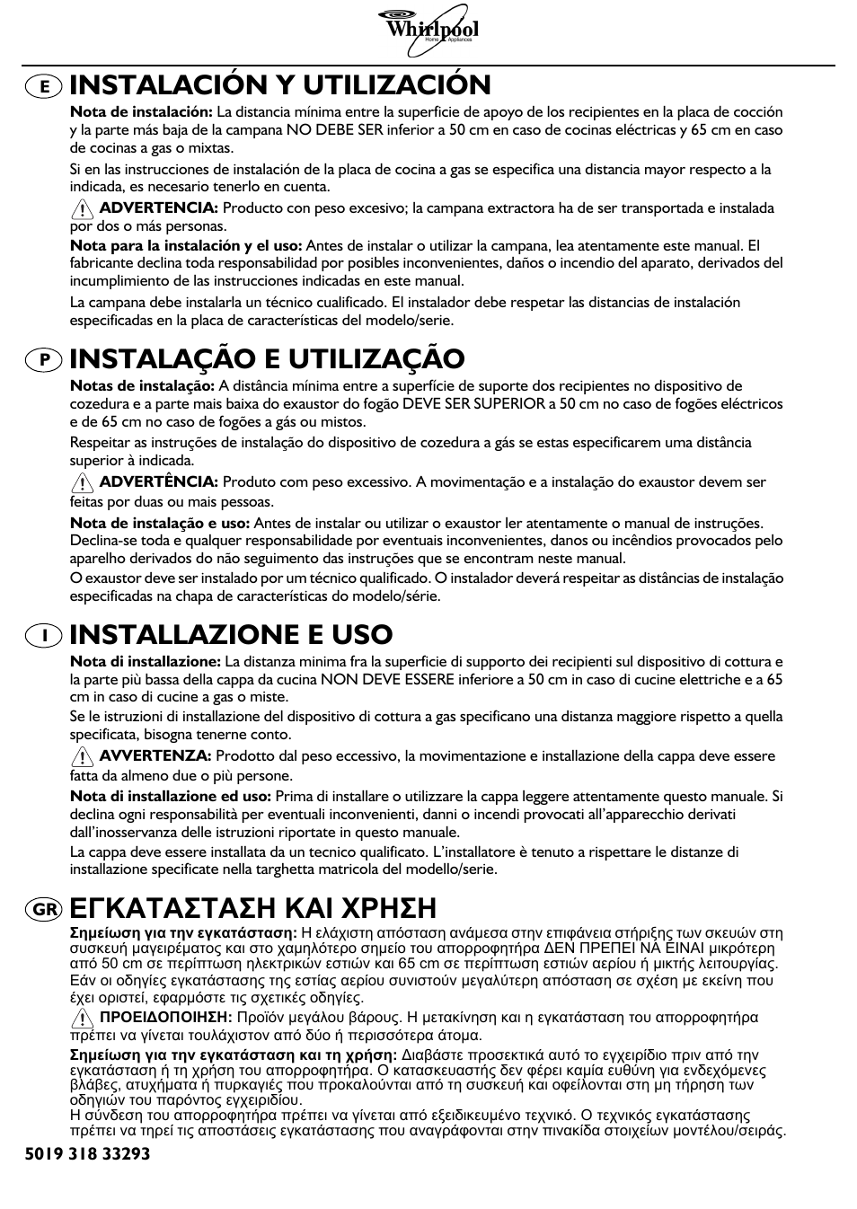 Instalación y utilización, Instalação e utilização, Installazione e uso | Εγκατασταση και χρηση | Whirlpool AKR 684 IX User Manual | Page 2 / 9