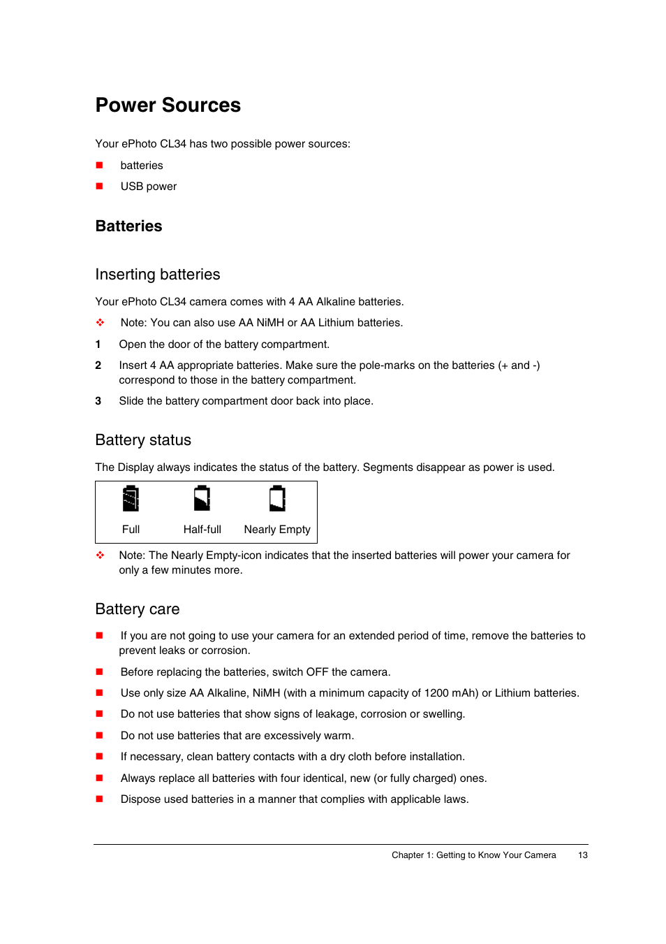 Power sources, Batteries, Inserting batteries | Battery status, Battery care, Batteries inserting batteries | AGFA ePhoto CL34 User Manual | Page 13 / 53