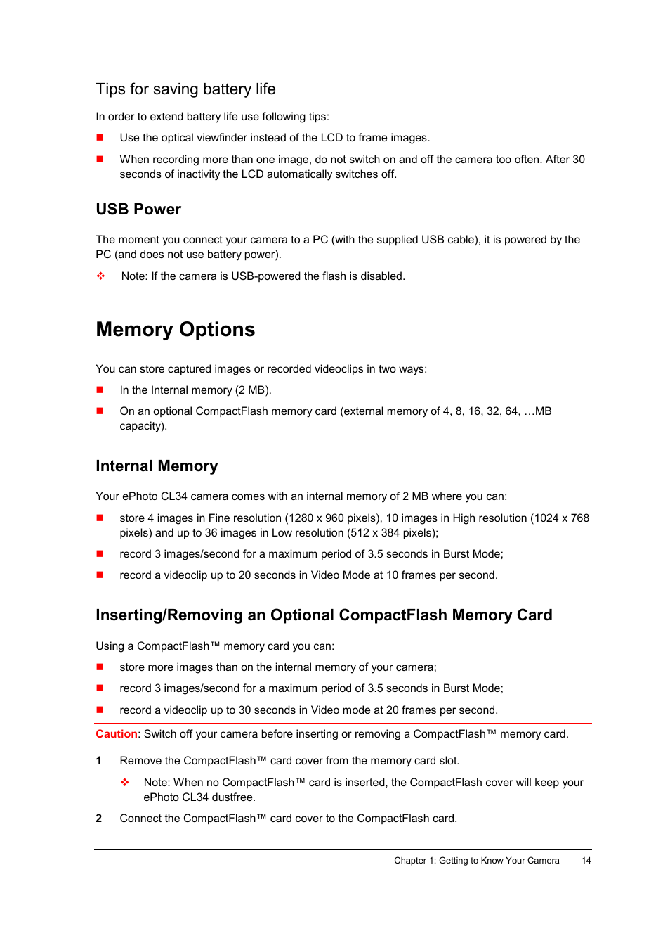 Tips for saving battery life, Usb power, Memory options | Internal memory | AGFA ePhoto CL34 User Manual | Page 14 / 53