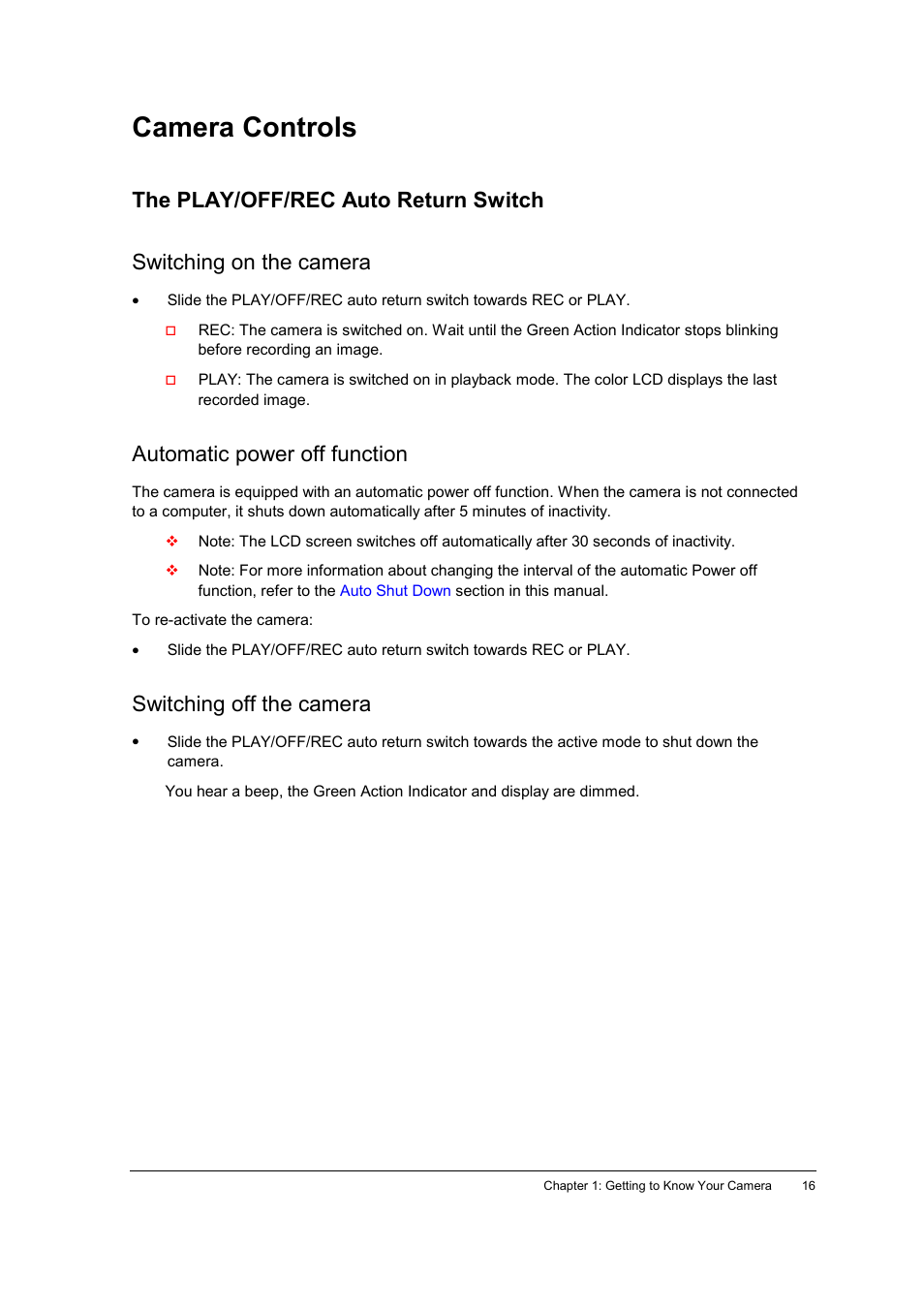 Camera controls, The play/off/rec auto return switch, Switching on the camera | Automatic power off function, Switching off the camera | AGFA ePhoto CL34 User Manual | Page 16 / 53