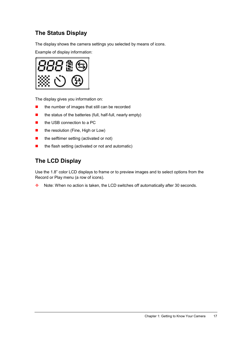 The status display, The lcd display | AGFA ePhoto CL34 User Manual | Page 17 / 53