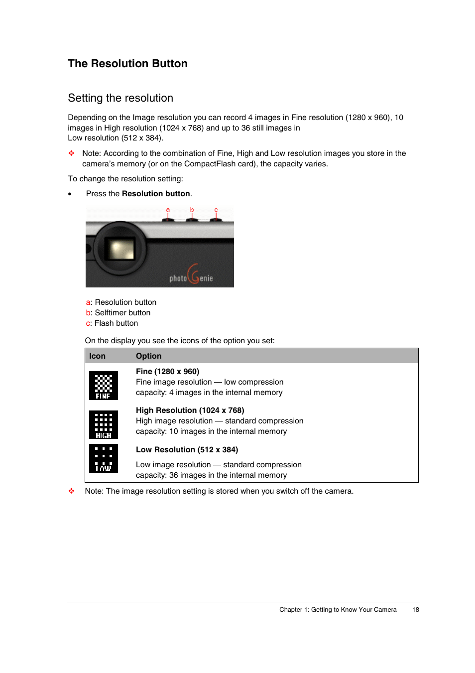 The resolution button, Setting the resolution, The resolution button setting the resolution | AGFA ePhoto CL34 User Manual | Page 18 / 53