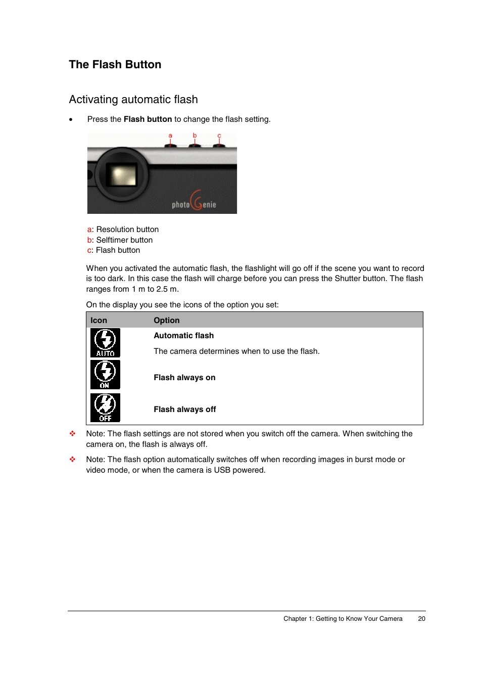 The flash button, Activating automatic flash, The flash button activating automatic flash | AGFA ePhoto CL34 User Manual | Page 20 / 53