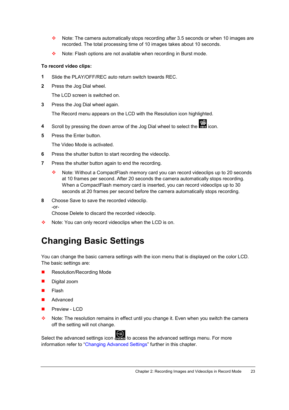 To record video clips, Changing basic settings, Changing basic | Settings | AGFA ePhoto CL34 User Manual | Page 23 / 53